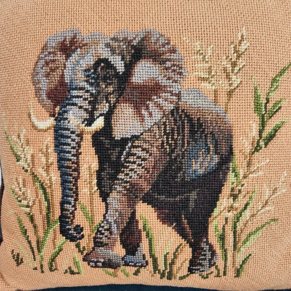 Vintage Brown Elephant Cross Stitch Decorative Cushion Pillow Safari Home Decor